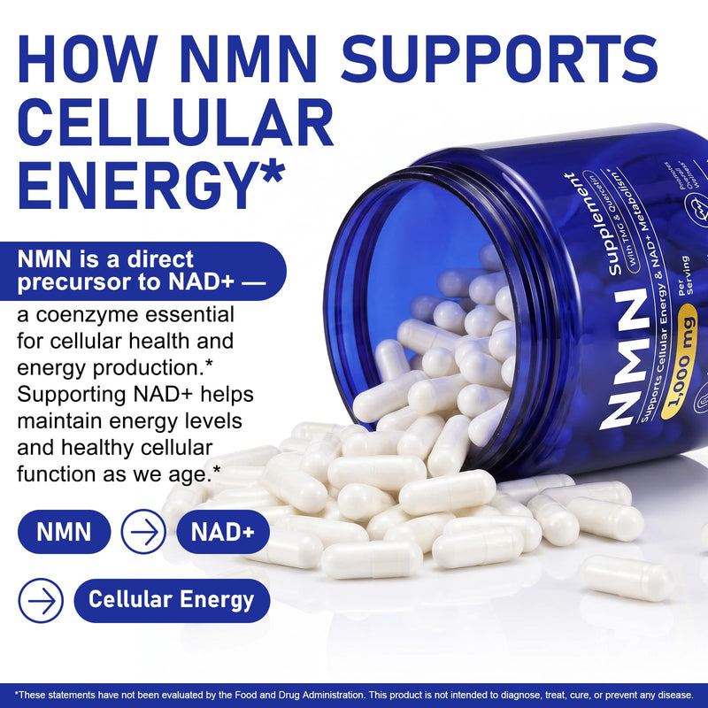 NAD+ Trans-Resveratrol Supplement 1000mg - 120 Capsules | NAD+ Precursor Complex with TMG, Resveratrol & Quercetin | Supports Cellular Energy, Metabolism & Mitochondrial Function | 60-Day Supply
