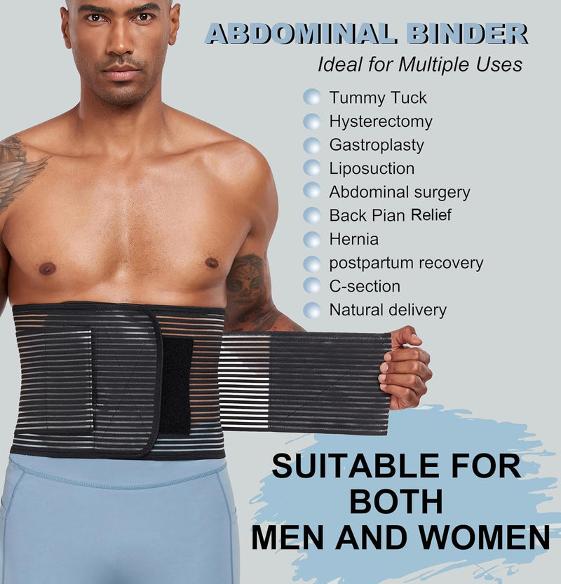 Abdominal Binder Post Surgery Hernia Support Belt Belly Wrap for Men Women, Post-Surgery Stomach Compression Belly Band for Post C Section, Natural Birth, Abdominal Injuries (Black, Large) Black