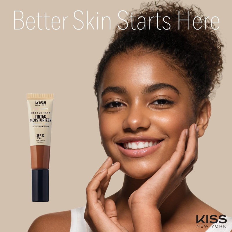 KISS NEW YORK Tinted Moisturizer with SPF 32 PA+++ (Deep Honey) 12 Hour Hydrating Sunscreen for Face, No White Cast for Dark Skin Tone, Natural Finish, Medium Coverage with Hyaluronic Acid, Vitamin E 1.01 Fl Oz Deep Honey