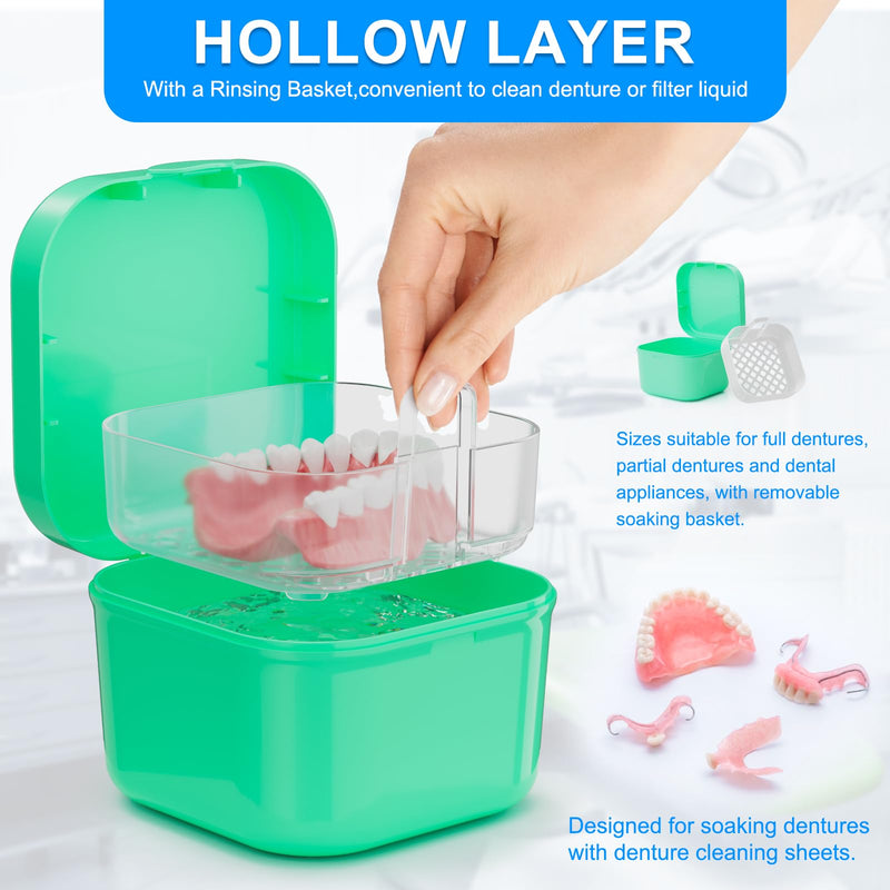 2 Pack Denture Cups for Soaking Dentures, Colorful Denture Bath Case with Brush, Denture Cup Soaking Holder False Teeth Container Mouth Guard Storage Case Cleaning Black+Blue