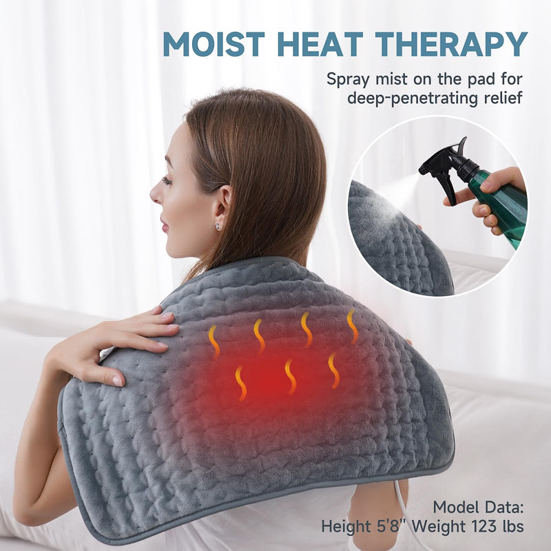 [Australia] - Heating Pad for Back Pain Relief, ZUODUN Electric Heating Pads for Cramps with Auto Shut Off & 6 Heat Levels, Moist Heat Therapy, Machine Washable, LED Controller, Gifts for Women, Men Gray-12 x 24 Inch 