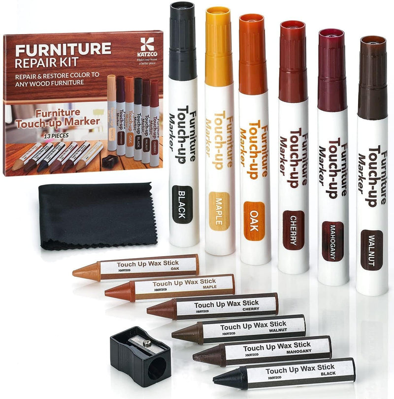 [Australia] - Katzco Furniture Repair Kit Wood Markers - Set of 13 - Markers and Wax Sticks with Sharpener - for Stains, Scratches, Floors, Tables, Desks, Carpenters, Bedposts, Touch-Ups, Cover-Ups, Molding Repair 