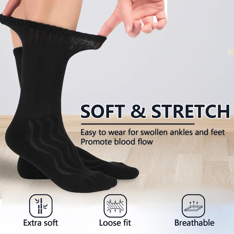 [Australia] - +MD 4 & 6 Pairs Bamboo Diabetic Crew Socks, Non-Binding Loose Fit for Women & Men, Soft Cushioned Sole Moisture Wicking 10-13 6 Pairs Black Cushion 