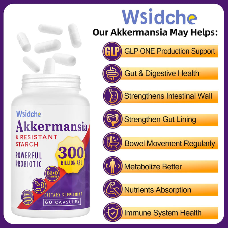 300 Billion AFU Akkermansia Muciniphila Probiotics for Women Men, 60 Caps | Akkermansia Probiotic for Digestive, Gut, Immunity, Enhances* Gut Lining Function, Intestinal Walls, 6-in-1 Akka Superbiotics 60 Count (Pack of 1)