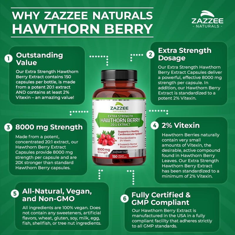 [Australia] - Zazzee Extra Strength Hawthorn Berry 20:1 Extract, 8000 mg Strength, 2% Vitexin, 150 Vegan Capsules, 5 Month Supply, Concentrated and Standardized Potent 20X Extract, Non-GMO and All-Natural 