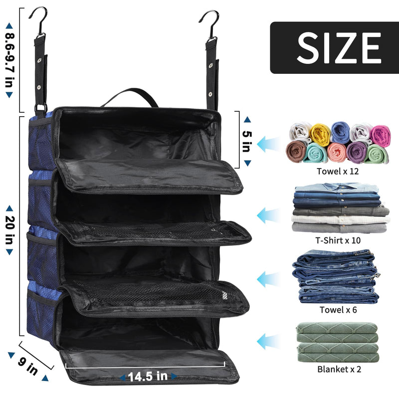 esouler Suitcase Organizer, Travel Luggage Organizer hanging packing cubes for travel，portable hanging travel shelves Collapsible closet organizer for Carry-on (Navy blue, Medium) Navy blue