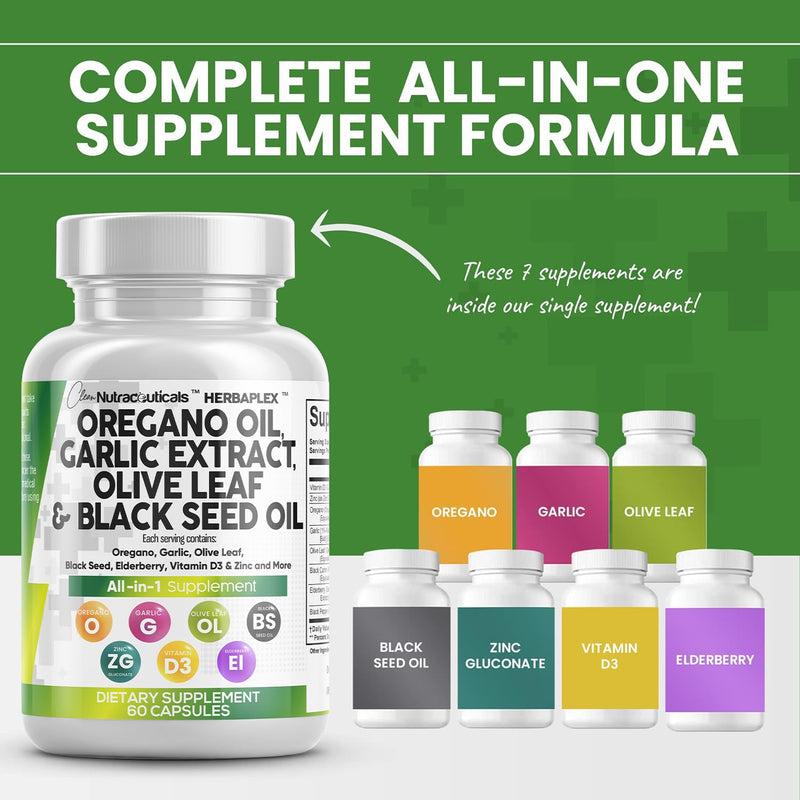 [Australia] - Oregano Oil 6000mg Garlic Extract 4000mg Olive Leaf 3000mg Black Seed Oil 3000mg - Immune Support & Digestive Health Supplement for Women and Men with Vitamin D3 and Zinc - 60 Caps 