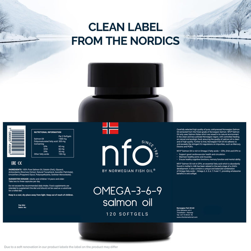 NFO Omega 3 6 9 Norwegian Fish Oil – 120 Mini Capsules | Norwegian Wild Salmon Oil | EPA DHA DPA | Complete Omega 3-6-9 Formula