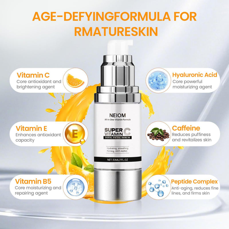 Super Vitamin C Face Serum for Women over 70,Anti-Aging, 1 fl oz | Hydrating Brightening Formula - Vitamin C, Hyaluronic Acid, Vitamin E, Caffeine - Face Lift Serum for Wrinkles, Dark Spots White-Pack of 1