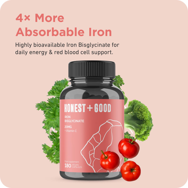 Honest + Good Iron Bisglycinate 20mg + Vitamin C 100mg | 180 (6 Months) Vegan Capsules | Chelated for High Absorption | Pure, Natural & Gentle Supplement | Energy, Immune, Skin & Joint Support