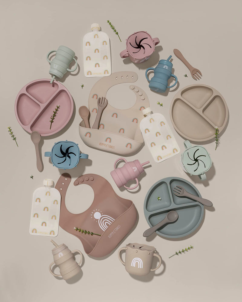 [Australia] - Hippypotamus Toddler Plates with Suction - Baby Plates - 100% Food-Grade Silicone Divided Plates - BPA Free - Dishwasher Safe - Set of 3 (Sage/Blush/Nude) Sage / Blush / Nude 