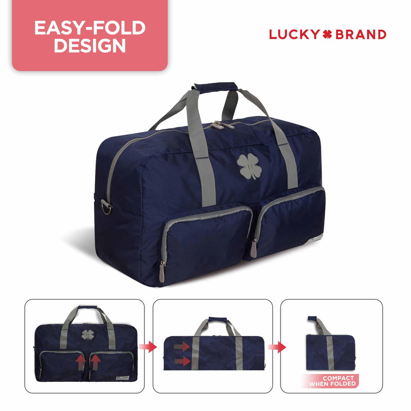 Lucky Brand Large Duffle Bag for Travel, Foldable Weekender Overnight Bag | Travel Duffel bag, Adjustable Shoulder Strap, Front Zip Pockets, Spacious Capacity, Unisex Lightweight Travel Bag for Flights Navy 65L