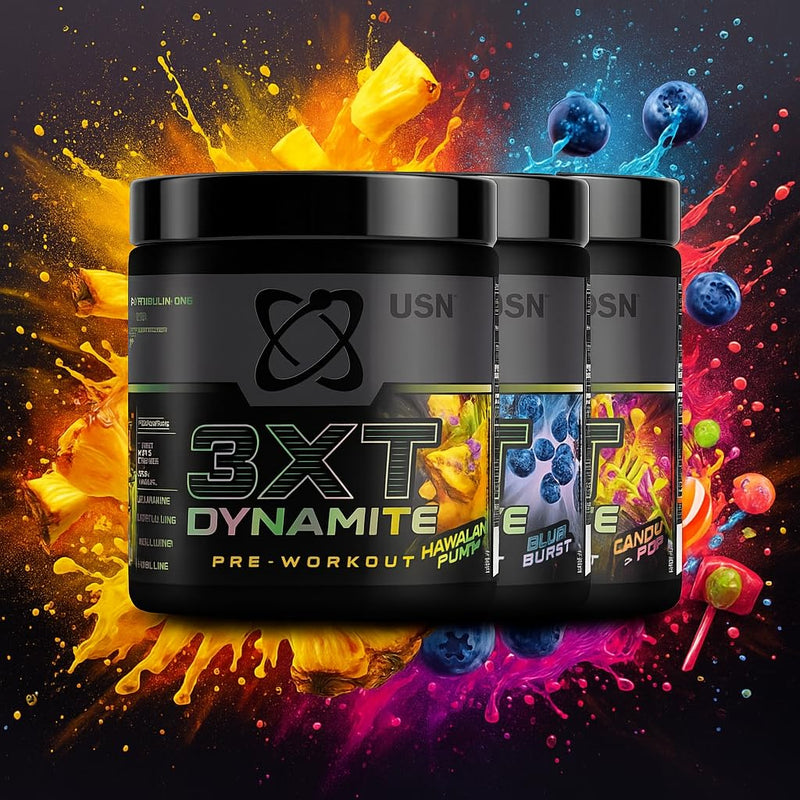 USN 3XT Dynamite Pre Workout Powder (30 Servings – 375g). Pre- Workout Energy Drink with Natural Caffeine (250mg), Citrulline, Creatine, Beta Alanine, Choline, Taurine and Zero Sugar – Candy Pop