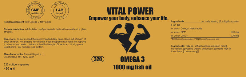 [Australia] - VITAL POWER | Omega 3 | 320 capsules 1000 mg fish oil with 330 mg EPA & 220 mg DHA | Odorless | Without additives and laboratory tested 