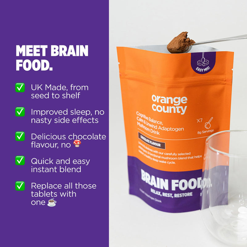Orange County Mushroom Drink with Ashwagandha, Maitake, Shiitake, Reishi, Chamomile, Passionflower | Calm, Unwind, Sleep Adaptogen | Brain Food. | Chocolate Flavoured Powder