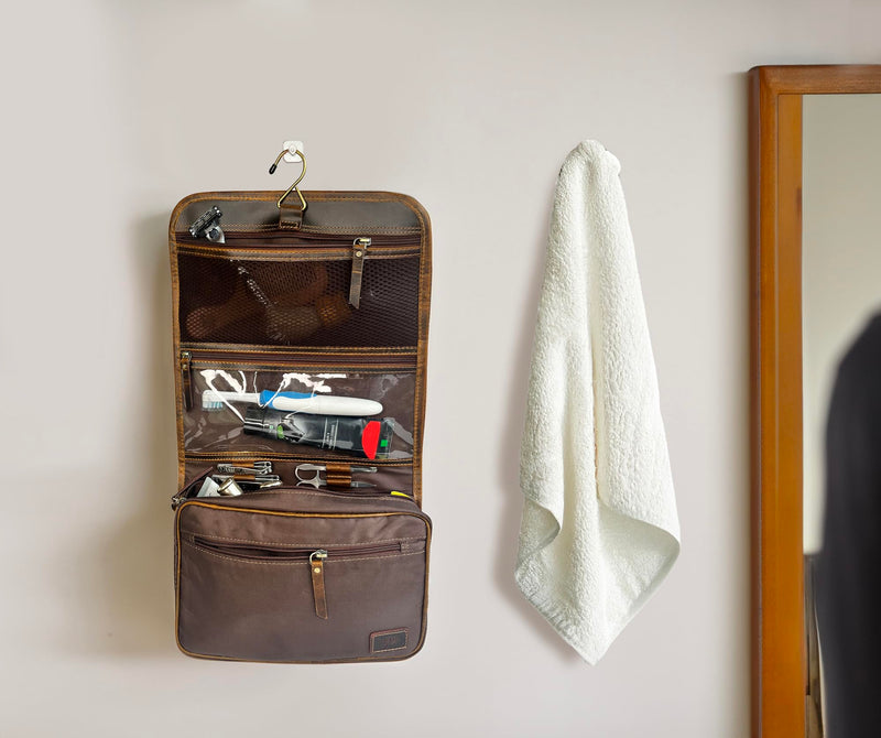 Leather Hanging Toiletry Bag for Men, Travel Shaving Dopp Kit Organizer | Full Grain Leather, Brass Hook, YKK Zippers, 11 x 7 inch Fits in Any Carry-On, Water-Resistant Lining; Cosmetic & Makeup Kit Brown