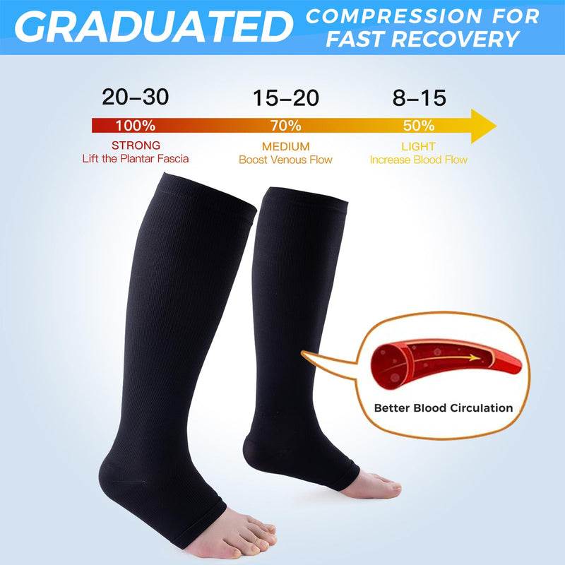[Australia] - 3 Pairs Open Toe Compression Socks for Men & Women - 15-20 mmhg Knee High Stockings for Circulation Support Large-X-Large 03-b-b-n 