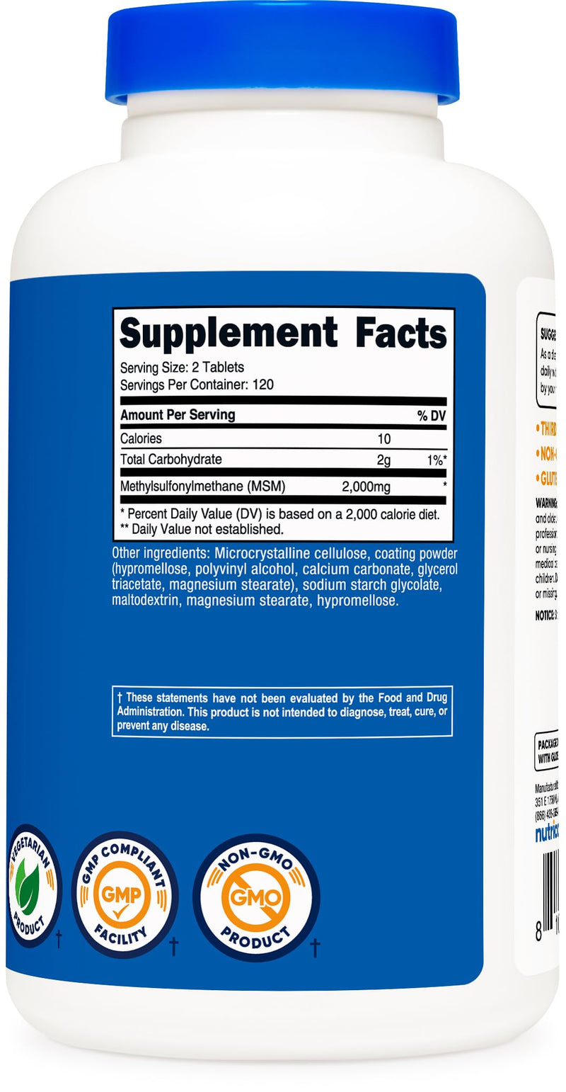 Nutricost MSM Tablets Methylsulfonylmethane 2000mg Per Serving, 240 Tablets | 120 Servings, GMO-Free and Gluten Free