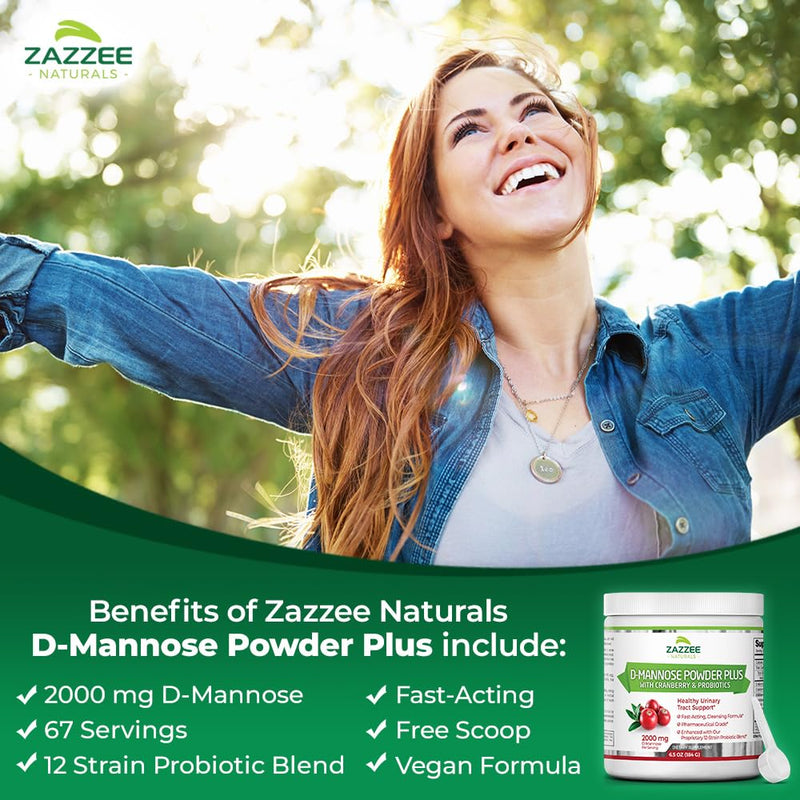 [Australia] - Zazzee D-Mannose Powder Plus, 2000 mg, 67 Servings, Potent & Fast-Acting, Plus 5 Billion CFU Probiotics and Pure Cranberry Juice Extract, Free Scoop, 6.5 Oz, Vegan, Gluten-Free, Non-GMO, All-Natural 