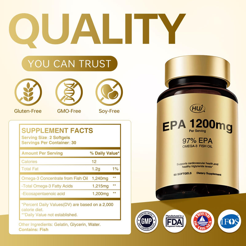 [Australia] - HUJ 97% EPA Omega-3 Fish Oil - 1200mg EPA Fish Oil, Wild-Caught, Sustainably Sourced - Suppprts Cardiovascular Health & Healthy Triglyceride lewels* - 60 Softgels 