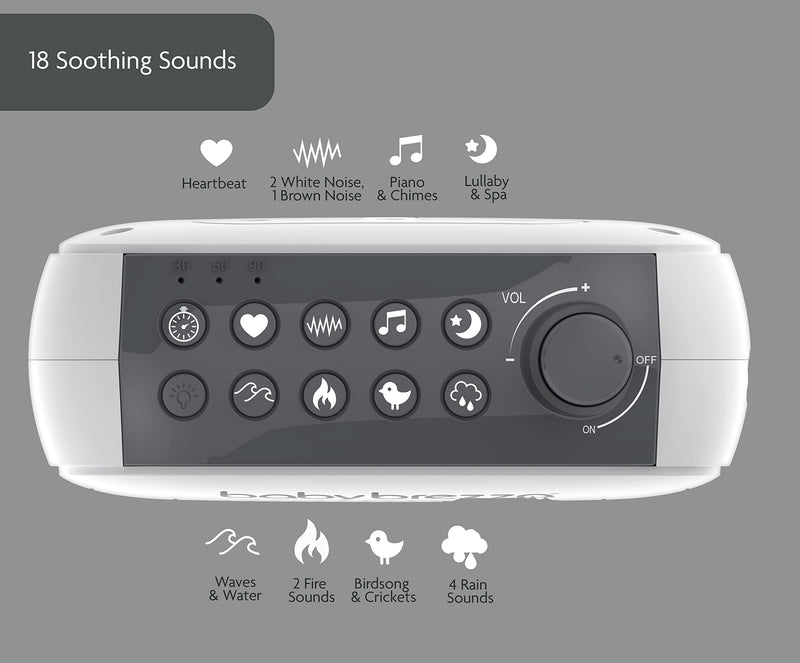 [Australia] - Baby Brezza Adjustable Baby Sound Machine and Night Light with 18 Sounds – Small, Portable Design for Easy Travel or Crib Use – includes Lullaby, Nature, White Noise, Waves + More – USB Powered 