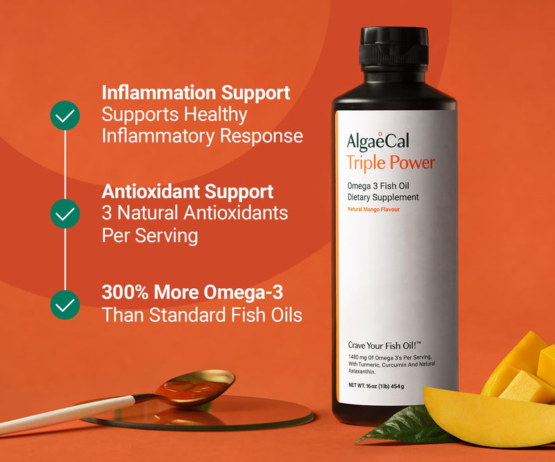 ALGAECAL Triple Power Omega 3 Fish Oil Liquid for Joints, 1200mg, 16 oz | EPA DHA liquid fish oil with turmeric curcumin & astaxanthin for joint support & healthy inflammatory response. Mango flavor. 29 Count (Pack of 1)