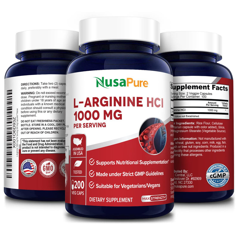 [Australia] - NusaPure L-Arginine 1000 mg 200 Veggie Capsules (Non-GMO, Vegetarian, Gluten Free) 