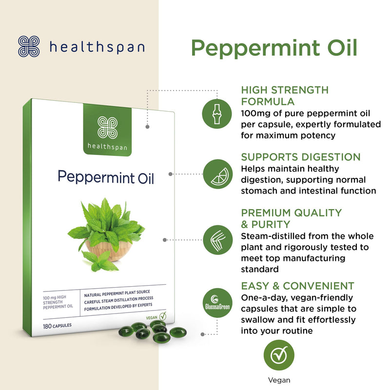 Healthspan High Strength Peppermint Oil 100mg (180 Capsules) | Helps to Support a Healthy Digestion | One-A-Day & Easy to Swallow Capsule | Vegan