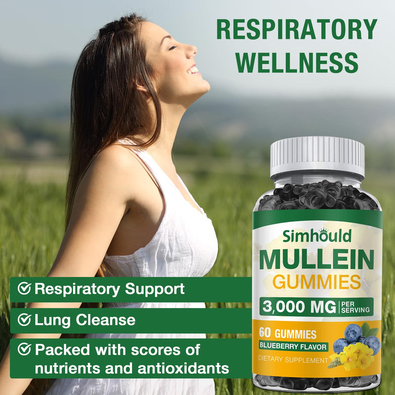 [Australia] - 2 Pack Sugar Free 3000MG Mullein Gummies - Lung Cleanse, Mullein Leaf Extract Supplement for Respiratory, Organic Mullein Drops with Quercetin & Bromelain for Lung, Digestive Health & Immune 60 Count (Pack of 2) 