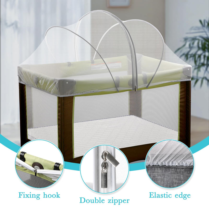 [Australia] - Pack N Play Tent Cover - Bassinet Cover for Pack N Play/Travel Crib/Mini Crib/Playpen, Bassinet Mosquito Net Cover with Two-Way Zippers (White-Large) White-large 