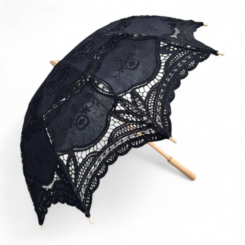 Black Lace Hand Sewn Parasol With Wood Handle