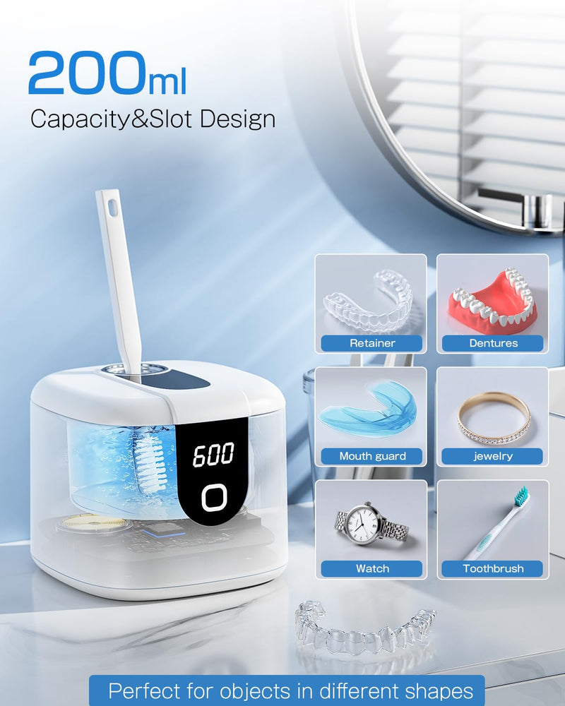 [Australia] - 2025 Enhanced Ultrasonic Retainer Cleaner, 2X Efficiency, 45kHz Dentures Cleaner Machine with UV Lights&4 Clean Modes, Dental Cleaning Pod for Aligner, Nightguard, Mouth Guards, Jewelry, Rings, etc 