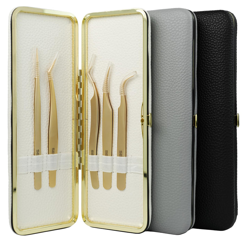 Tweezers Box Set, 5 PCS Isolation Pointy Precision Professional Stainless Tweezers with a PU Storage Case, Organizer Kit for Eyelash Extension, Beginner Lash Tech, Crafts Repair(White, Golden) Tweezers Bag Set-2 White+gold