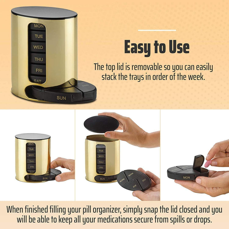 Weekly Pill Organizer - 2Pack - 4 Times-A-Day, Daily Stackable Medication Reminder - Weekly AM/PM Pill Box with 7 Individual Stacking Cases, a Everyday Medicine Organizer for Vitamins, Black & Gold Gold & Black 7 Count (Pack of 2)