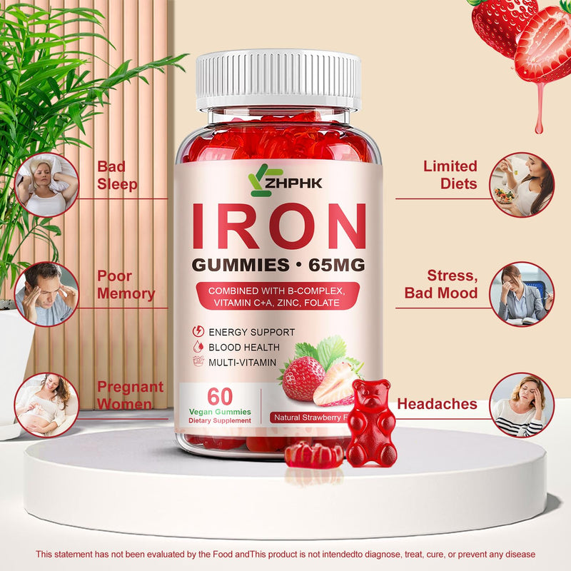 [Australia] - Iron Supplement Gummies, 65mg Iron and 250mg Vitamin C for Women Men Kids, Natural Vegan Iron Gummy with Vitamin A, B-Complex, Biotin, Zinc & Folate Energy Support & Immune Health, 60 Gummies Strawberry 60 Count (Pack of 1) 