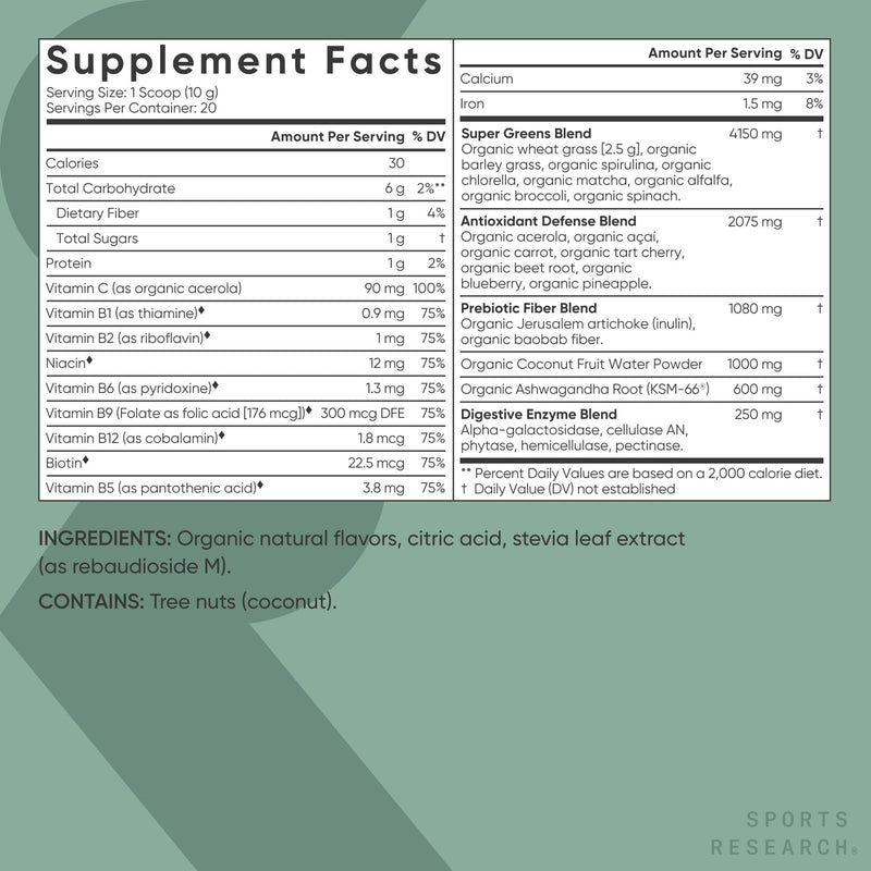 [Australia] - Sports Research¬Æ Organic Greens Superfood Powder w/Spirulina & Chlorella, Adaptogens, Enzymes, Probiotics & 8 VIT Bs for Gut & Mood Support* - Vegan, Sugar-Free & Low-Cal Original 20 Servings 7.05 Ounce (Pack of 1) 