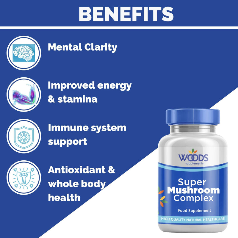 Woods Supplements - Super Mushroom Complex 60x Vegan Capsules of High Strength Lions Mane, Maitake, Reishi, Shiitake, Cordyceps & Chaga MushroomExtract Supplement 60