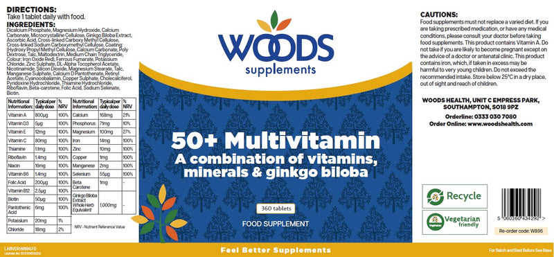 Woods Supplements - 50+ Multivitamins 90x Tablets Multi Vitamins for Men and Women 50 Plus with Minerals, Vitamins A, B, C, D, E, Folic Acid, Zinc, Selenium and Ginkgo Biloba 90