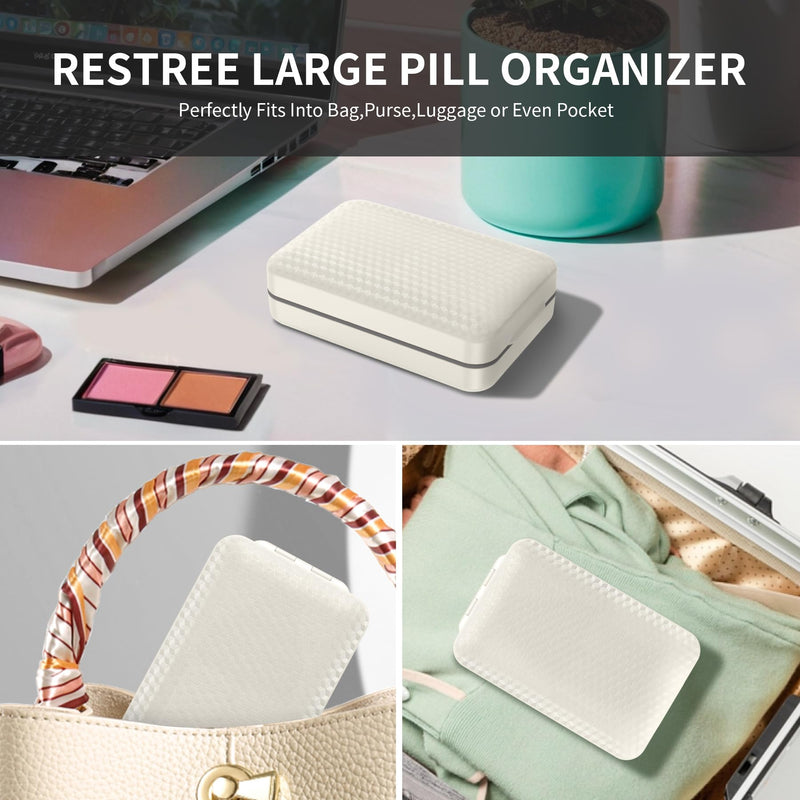 Restree Weekly Pill Organizer 8 Compartment, [Triple Seal Magnetic Lock] Travel Pill Case with Labels & Inner Lid, Moisture Proof for Vitamins, Fish Oil, Supplements, Daily Meds – 7+1 Large (White) White
