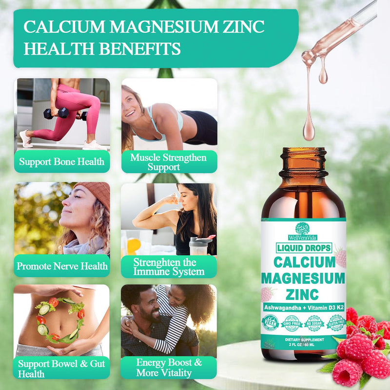 Calcium Magnesium Zinc Liquid Drops, Calcium Supplement with Vitamin D3 K2 | Fast Absorbing Liquid Calcium Magnesium Supplement w/Magnesium Complex, Zinc, Theanine for Immune, Bone,Muscle Support, Vegan Raspberry 2 Fl/Oz