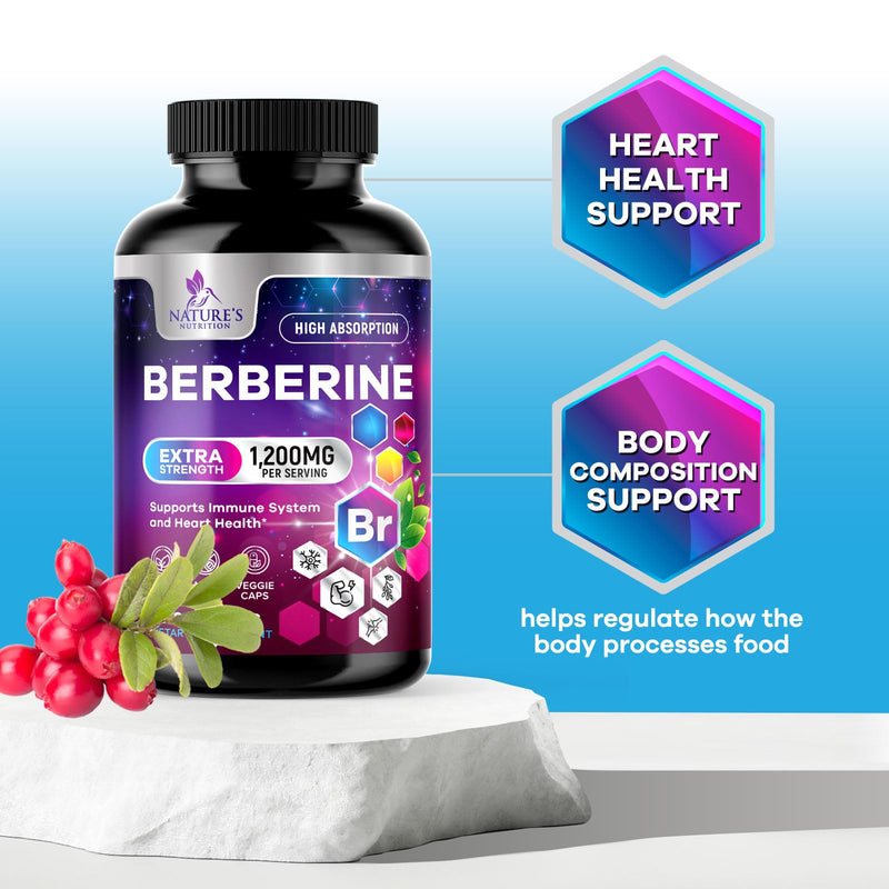 [Australia] - Berberine HCL 1200mg Supplement - Berberine HCI Capsules High Absorption Supplement for Heart Health & Immune Support, High Strength, Gluten-Free, Vegan, Non-GMO Pills - 60 Veggie Capsules 60 Count (Pack of 1) 
