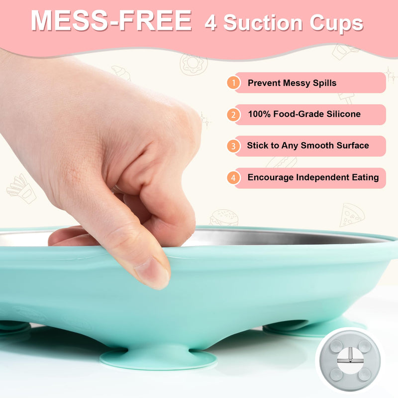 [Australia] - Bella's Friends Stainless Steel Baby Plates with Suction 3 Pack, 9” Divided Toddler Plates with Removable Silicone Sleeves for Mess-Free Feeding, Non-Toxic, Non-Slip, Dishwasher Safe, Green,Blue,Gray 3pack 9" 