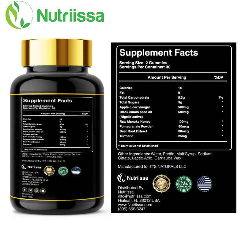 [Australia] - Organic Apple Cider Vinegar Gummies w/ Black Seed Oil & Raw Manuka Honey – Cold-Pressed Cumin Nigella Sativa – 2%+ THYMOQUINONE - ACV Gummies – Anti-oxidant - 1125mg 