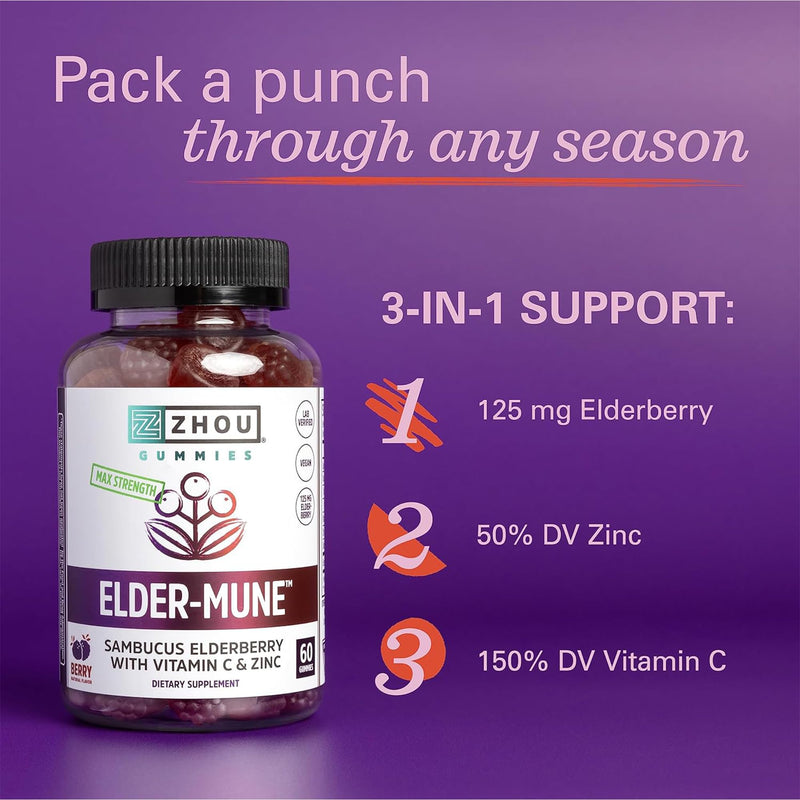 [Australia] - Zhou Elder-Mune Elderberry Gummies - Elderberry Vitamin C and Zinc, Daily Immune Support Supplemenet for Women & Men, Chewable Natural Black Elderberry for Adults & Children 4 & Up - 60 Gummies 60 Count (Pack of 1) 