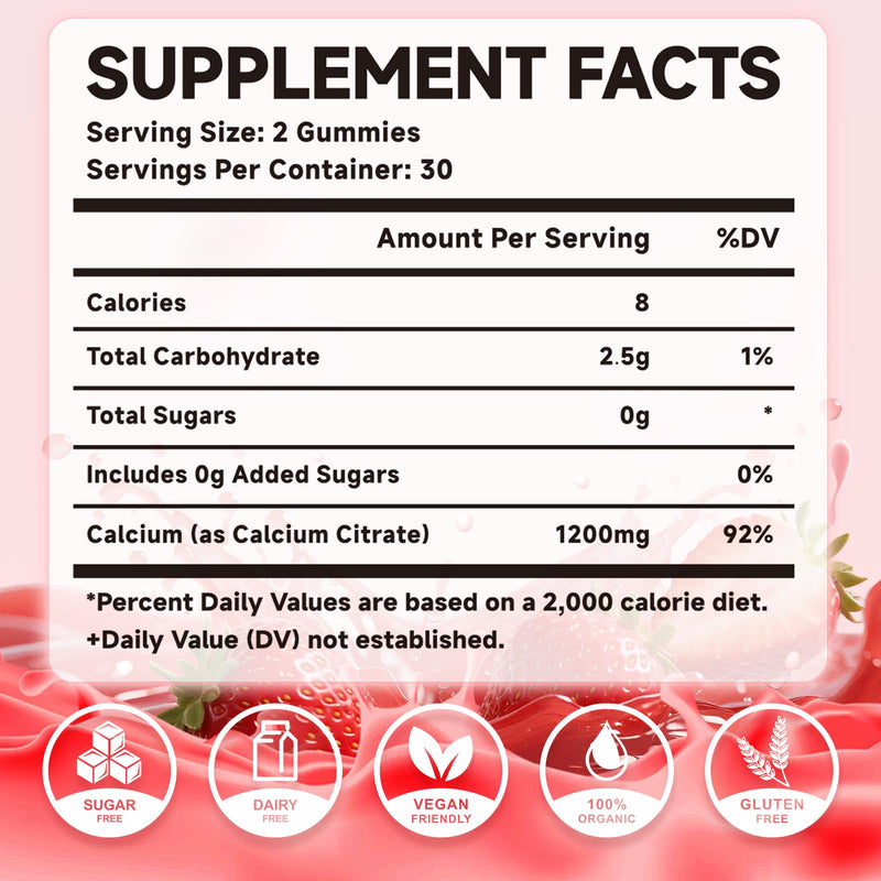 Calcium Citrate Gummies 1200mg - Chewable Calcium Supplement for Women & Men, Supports Bone & Muscle Health, Vegan, Strawberry Flavor, 60 Count