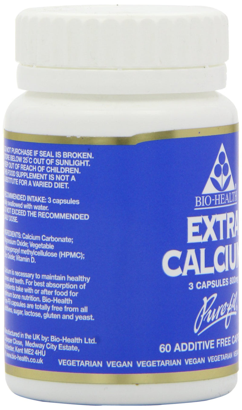 Bio-Health Extra Calcium 800mg Mineral Food Supplement for General Health with Magnesium, Zinc and Vitamin D, Supports the Maintenance of Bones and Teeth, Additive Free, 60 Capsules