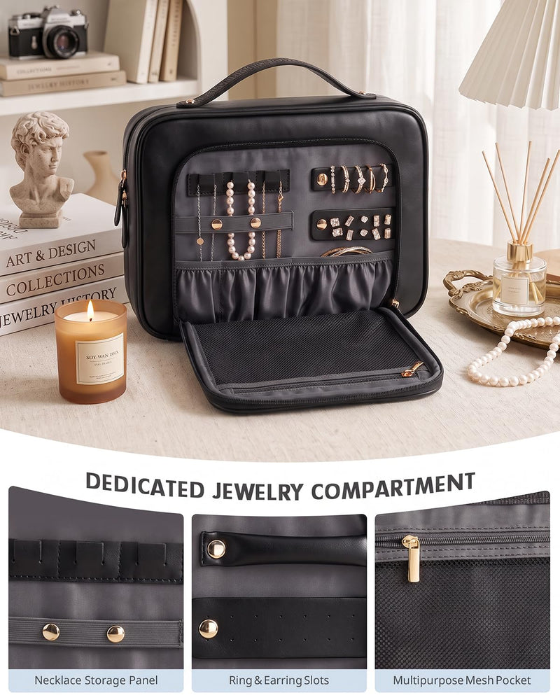 Prite Hanging Toiletry Bag for Women Waterproof Travel Makeup Bag | Jewelry Organizer, Detachable Clear Pouch, Vegan Leather, Dual-Zipper, Durable Hook and Zipper, Multi-pocket, Easy Clean Black Large