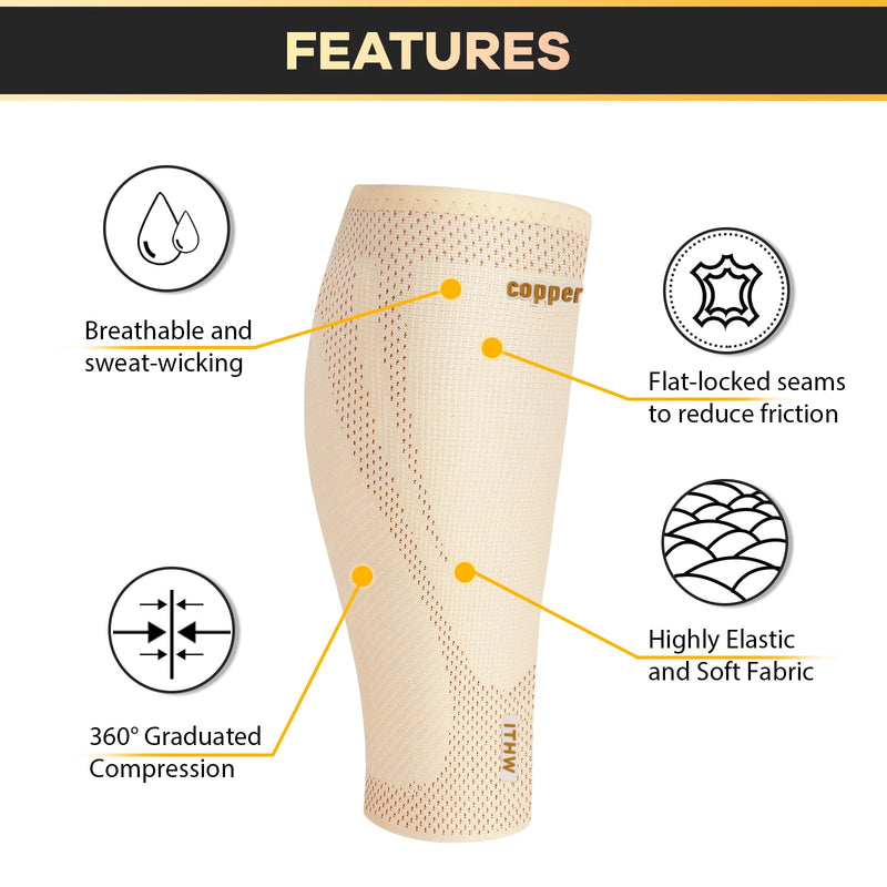 Copper Calf Compression Sleeve for Men and Women, Shin Splint Compression Sleeve for Legs Pain Relief, Footless Compression Socks for Varicose Veins (Nude, Medium) Nude