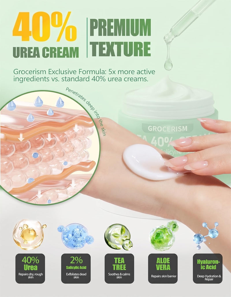 Grocerism Urea Cream 40% for Feet Maximum Strength Hand & Foot Cream 8.82oz | with 2% Salicylic Acid, Aloe Vera & Hyaluronic Acid, for Cracked Heels, Calluses & Rough Dry Skin 8.82 Ounce (Pack of 1) 40%