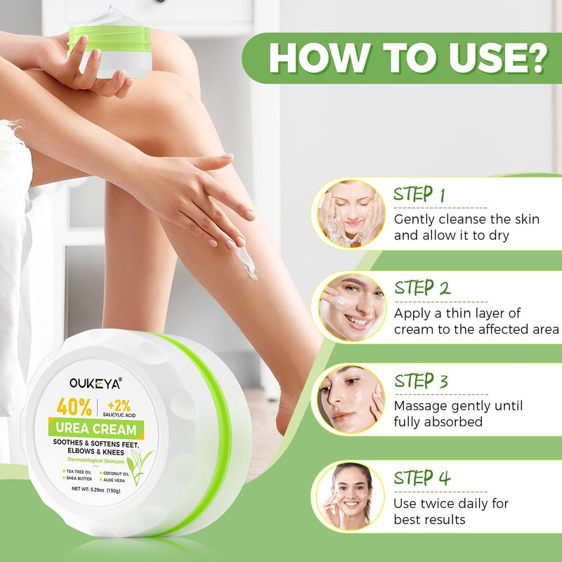 OUKEYA 40% Urea Foot Cream Salicylic Acid Tea Tree Oil Cracked Dry Skin | Ceramides Nourish Feet Hands Elbows Knees 150G 5.29 Ounce (Pack of 1)